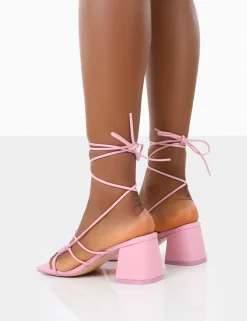 Public Desire Fanatic Baby Pu Square Toe Lace Up Block Mid Heeled Sandals Pink Outlet