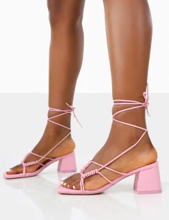 Public Desire Fanatic Baby Pu Square Toe Lace Up Block Mid Heeled Sandals Pink Outlet