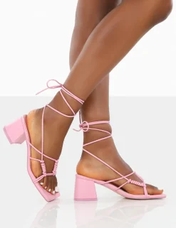 Public Desire Fanatic Baby Pu Square Toe Lace Up Block Mid Heeled Sandals Pink Outlet