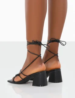 Public Desire Fanatic Pu Square Toe Lace Up Block Mid Heeled Sandals Black Best Sale