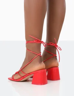 Public Desire Fanatic Pu Square Toe Lace Up Block Mid Heeled Sandals Red New