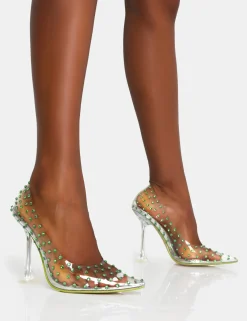 Public Desire Fancy Diamante Detail Court Clear Perspex Pointed Toe Stiletto Heels Lime Shop