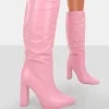 Public Desire Far Away Grain Pu Square Toe Knee High Block Boots Pink Cheap