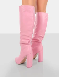 Public Desire Far Away Grain Pu Square Toe Knee High Block Boots Pink Cheap