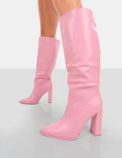 Public Desire Far Away Grain Pu Square Toe Knee High Block Boots Pink Cheap