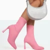 Public Desire Farah Knitted Pointed Toe Stiletto Heel Ankle Sock Boots Pink Store