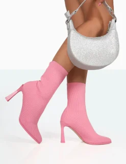 Public Desire Farah Knitted Pointed Toe Stiletto Heel Ankle Sock Boots Pink Store