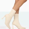 Public Desire Farah Knitted Pointed Toe Stiletto Heel Ankle Sock Boots Ecru New