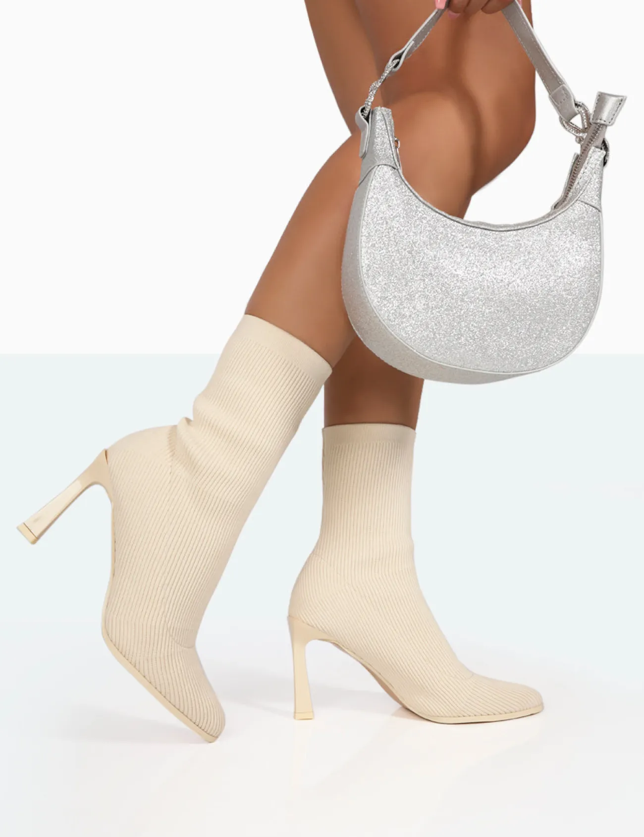 Public Desire Farah Knitted Pointed Toe Stiletto Heel Ankle Sock Boots Ecru New