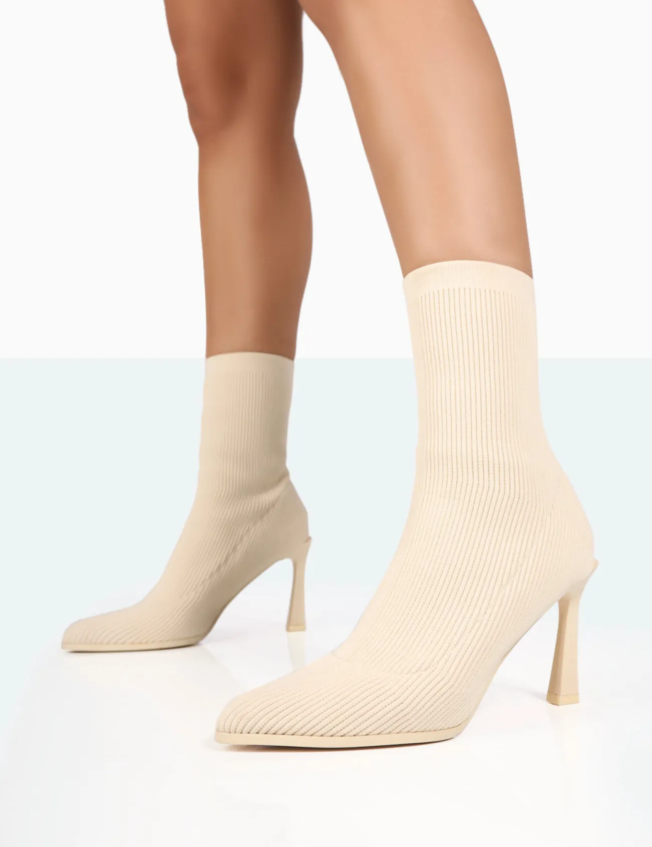 Public Desire Farah Knitted Pointed Toe Stiletto Heel Ankle Sock Boots Ecru New