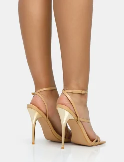 Public Desire Fillipa Nude Pu Strappy Square Toe Metal Stiletto Heels Fashion