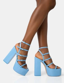 Public Desire Flawless Baby Patent Buckle Strap Round Toe Platform Block Heels Blue Clearance