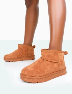 Public Desire Flurry Chestnut Brown Faux Suede Ultra Mini Ankle Boots Tan Cheap