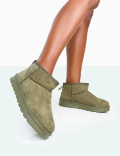 Public Desire Flurry Faux Suede Ultra Mini Ankle Boots Khaki Sale