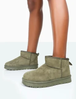 Public Desire Flurry Faux Suede Ultra Mini Ankle Boots Khaki Sale