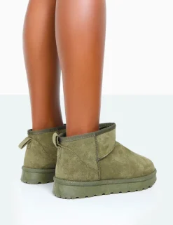 Public Desire Flurry Faux Suede Ultra Mini Ankle Boots Khaki Sale