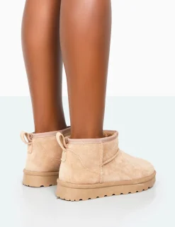 Public Desire Flurry Faux Suede Ultra Mini Ankle Boots Beige Discount