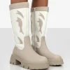 Public Desire Fly Away Pu Round Toe Western Cowboy Platform Chunky Soleknee High Boots Ecru Discount