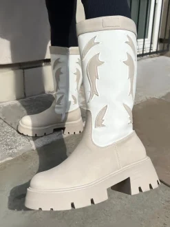 Public Desire Fly Away Pu Round Toe Western Cowboy Platform Chunky Soleknee High Boots Ecru Discount