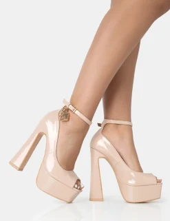 Public Desire Formation Patent Padlock Detail Chunky Square Peep Toe Platform Heels Nude Sale