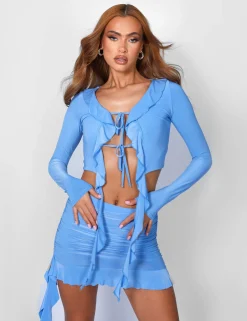 Public Desire Frill Detail Tie Front Cardigan Top Baby Blue Shop