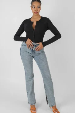Public Desire Front Button Long Sleeve Ribbed Bodysuit Black Discount