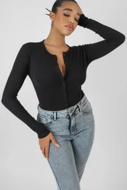 Public Desire Front Button Long Sleeve Ribbed Bodysuit Black Discount