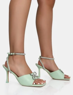 Public Desire Front Row Pastel Diamante Bow Square Toe Mid Stiletto Heels Green Shop