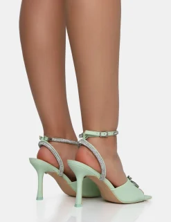 Public Desire Front Row Pastel Diamante Bow Square Toe Mid Stiletto Heels Green Shop