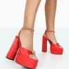 Public Desire Frozen Satin Sparkly Diamante Strap Open Toe Block Platform Heels Red Shop