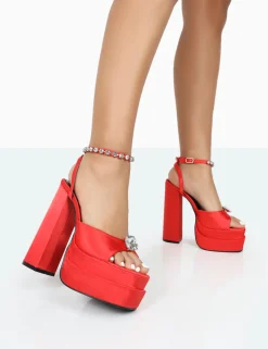 Public Desire Frozen Satin Sparkly Diamante Strap Open Toe Block Platform Heels Red Shop