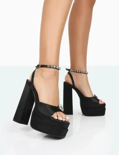 Public Desire Frozen Satin Sparkly Diamante Strap Open Toe Block Platform Heels Black Fashion