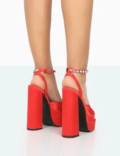 Public Desire Frozen Satin Sparkly Diamante Strap Open Toe Block Platform Heels Red Shop