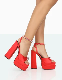 Public Desire Frozen Satin Sparkly Diamante Strap Open Toe Block Platform Heels Red Shop