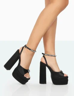 Public Desire Frozen Satin Sparkly Diamante Strap Open Toe Block Platform Heels Black Fashion