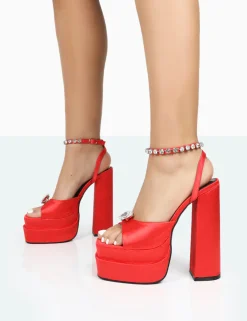 Public Desire Frozen Satin Sparkly Diamante Strap Open Toe Block Platform Heels Red Shop