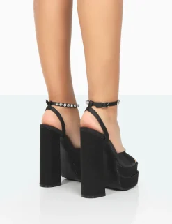 Public Desire Frozen Satin Sparkly Diamante Strap Open Toe Block Platform Heels Black Fashion
