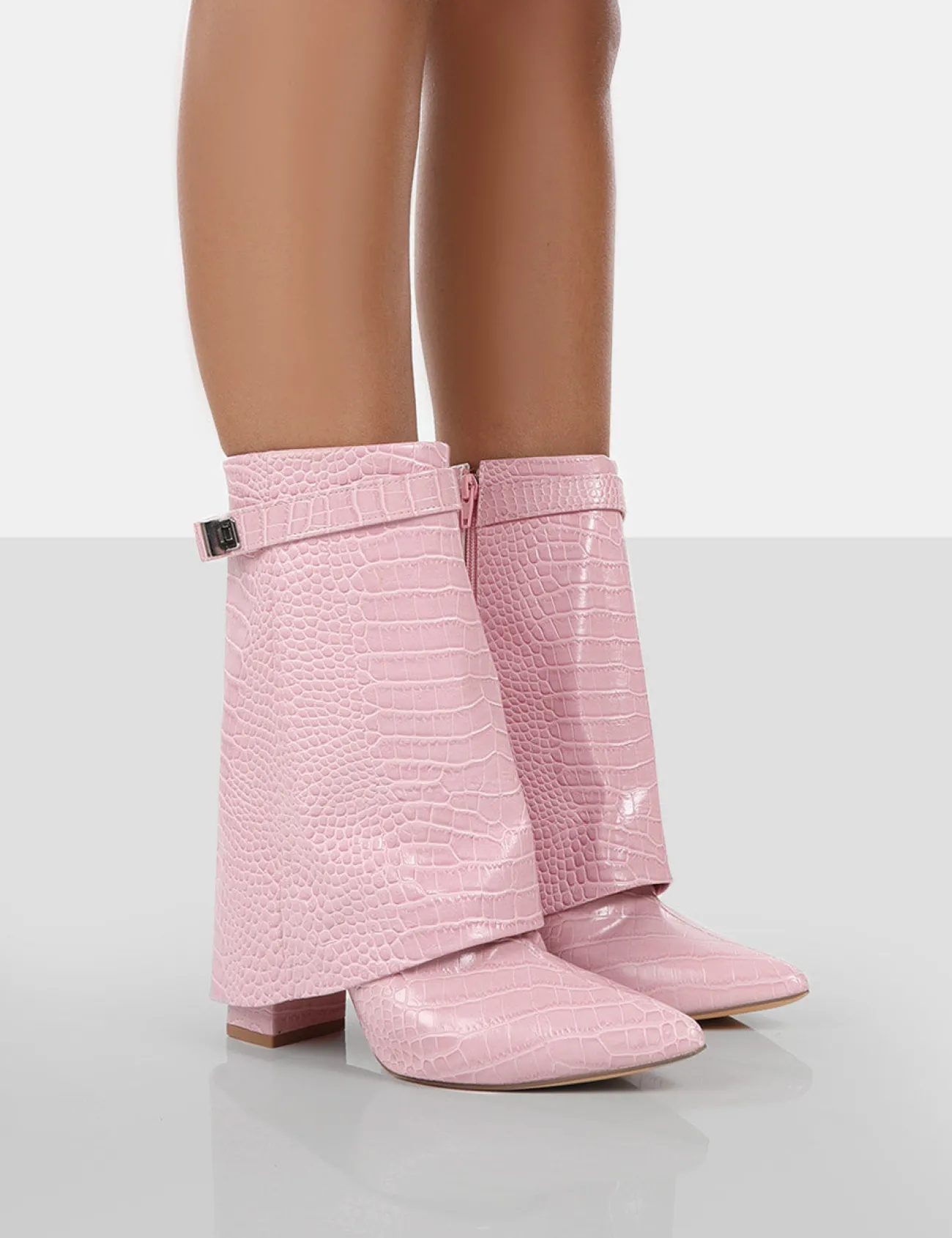 Public Desire Fyre Baby Croc Pointed Toe Block Heeled Ankle Boots Pink Store