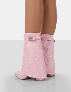 Public Desire Fyre Baby Croc Pointed Toe Block Heeled Ankle Boots Pink Store