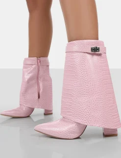 Public Desire Fyre Baby Croc Pointed Toe Block Heeled Ankle Boots Pink Store