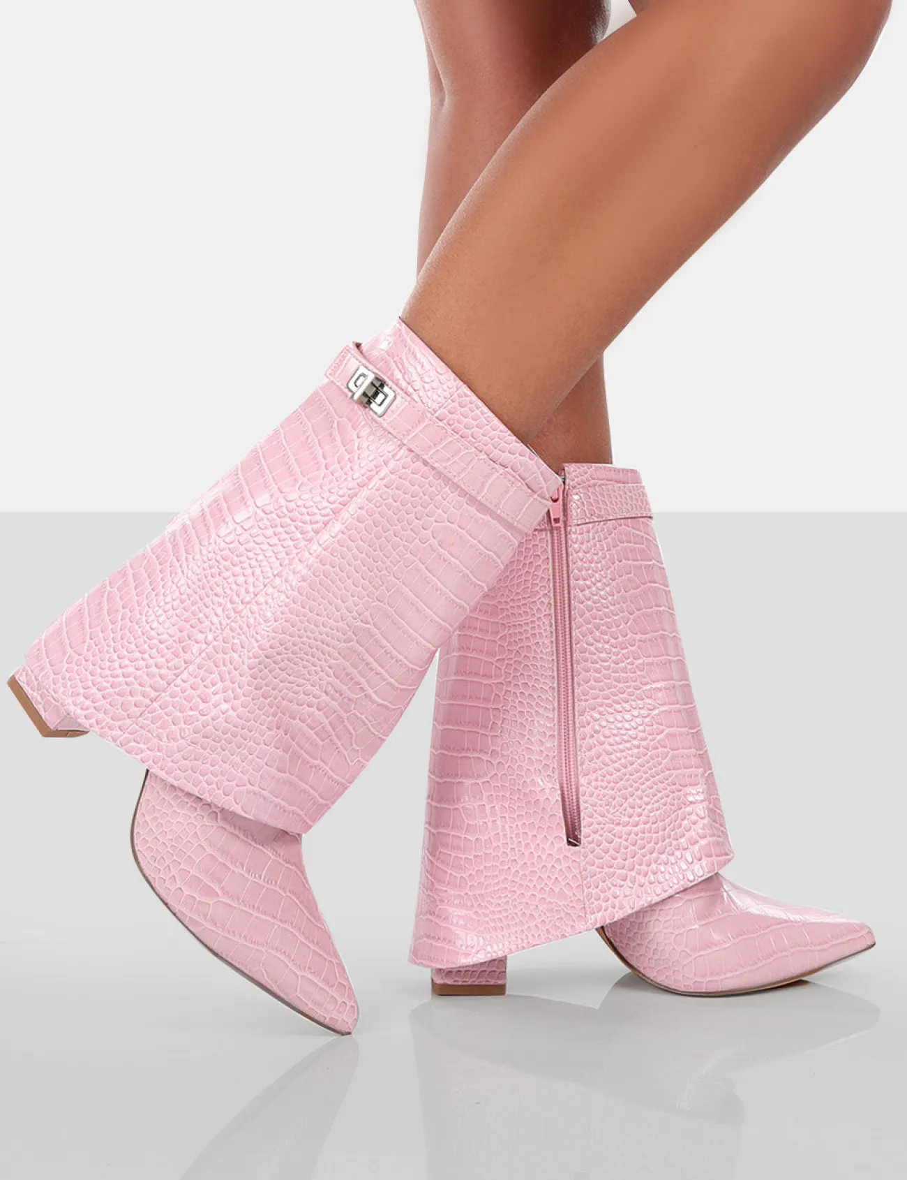 Public Desire Fyre Baby Croc Pointed Toe Block Heeled Ankle Boots Pink Store