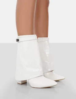 Public Desire Fyre Croc Pointed Toe Block Heeled Ankle Boots Ecru Cheap