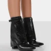 Public Desire Fyre Croc Pointed Toe Block Heeled Ankle Boots Black Discount