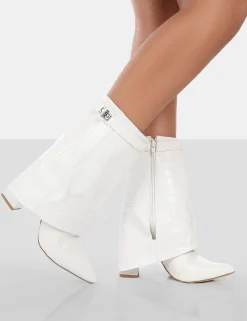 Public Desire Fyre Croc Pointed Toe Block Heeled Ankle Boots White Best Sale