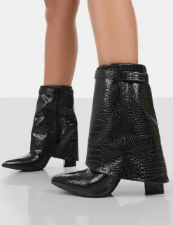 Public Desire Fyre Croc Pointed Toe Block Heeled Ankle Boots Black Discount