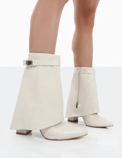 Public Desire Fyre Wide Fit Pointed Toe Block Heeled Ankle Boots Ecru Outlet