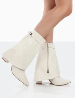 Public Desire Fyre Wide Fit Pointed Toe Block Heeled Ankle Boots Ecru Outlet