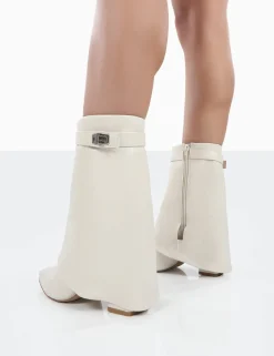 Public Desire Fyre Wide Fit Pointed Toe Block Heeled Ankle Boots Ecru Outlet