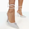 Public Desire Galaxy Sparkly Diamante Pointed Stiletto Toe Lace Up Wrap Around Heels Silver Hot