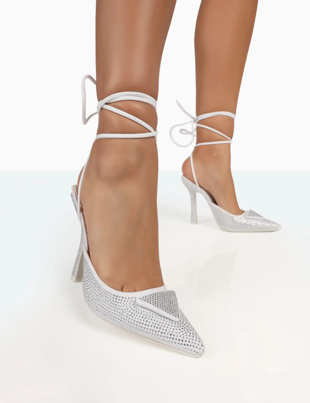 Public Desire Galaxy Sparkly Diamante Pointed Stiletto Toe Lace Up Wrap Around Heels Silver Hot